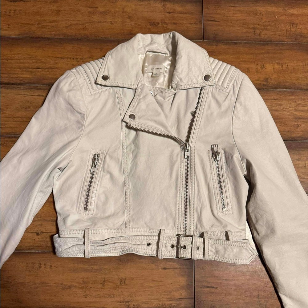 Witchery Cream Leather Biker Jacket